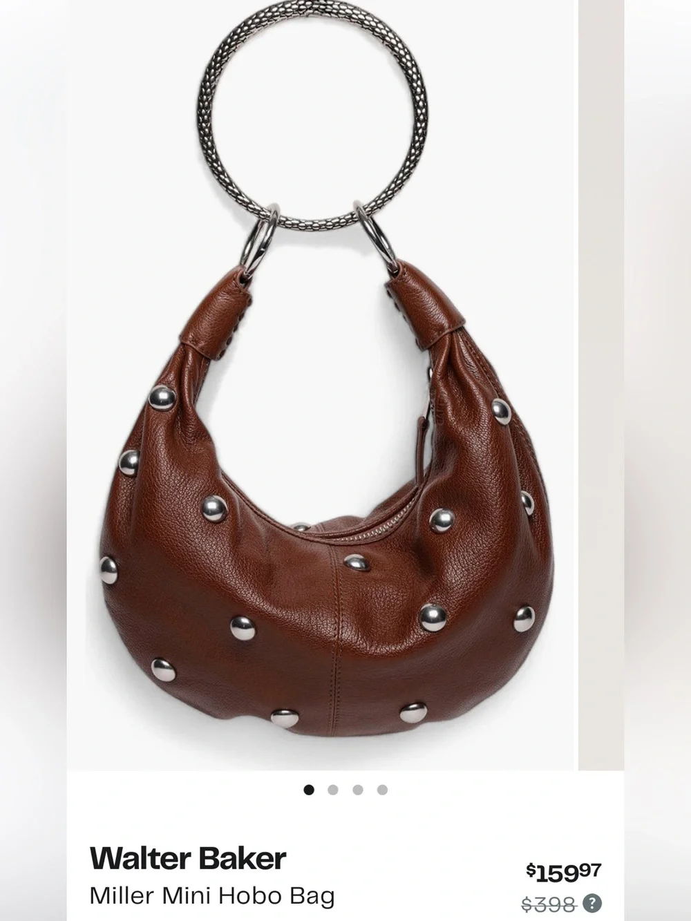 Walter Baker Brown Leather Hobo with Silver Stud Ring Handle